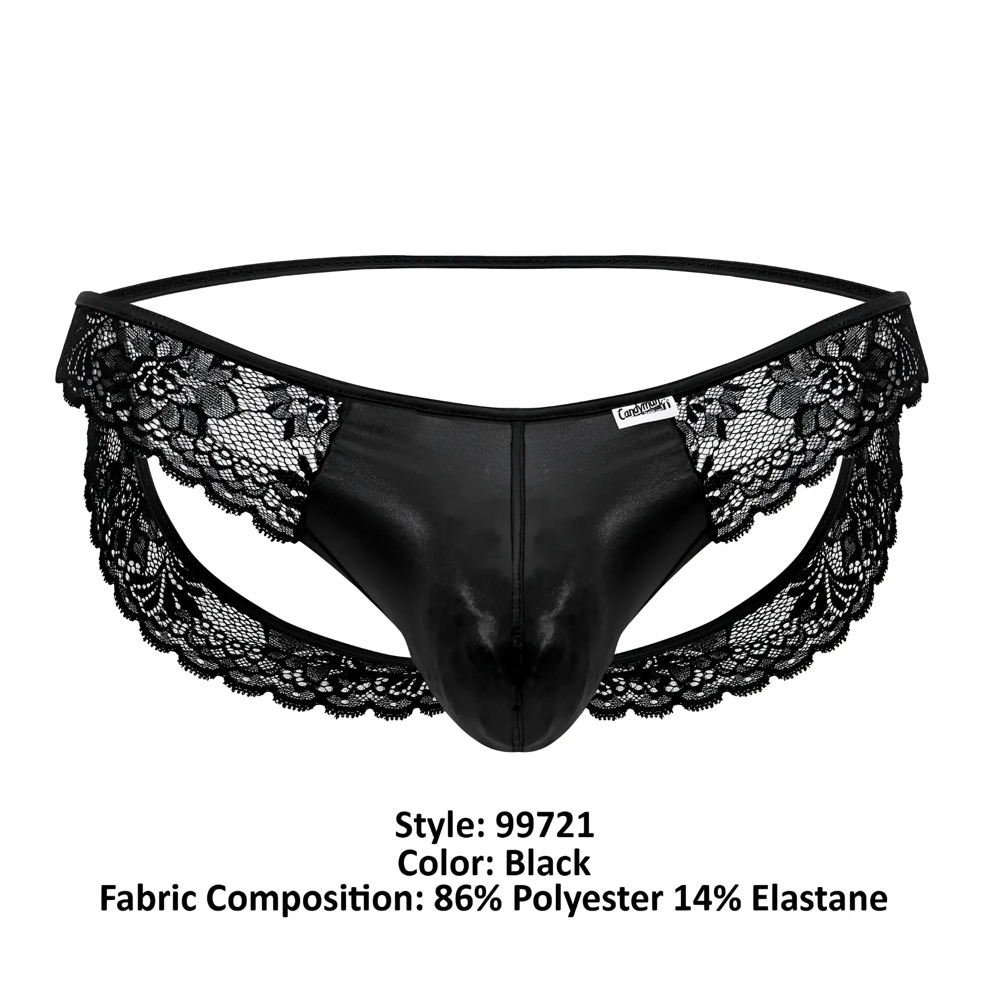 Black lace-trimmed thong made of shiny polyester and elastane candyMan 99721 lace jockstrap in black