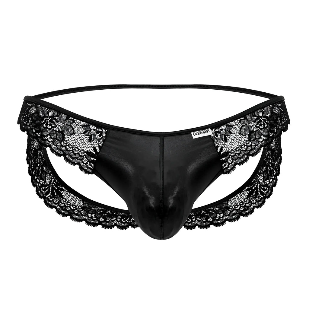 Black CandyMan 99721 lace jockstrap thong with lace trim and shiny faux leather front panel