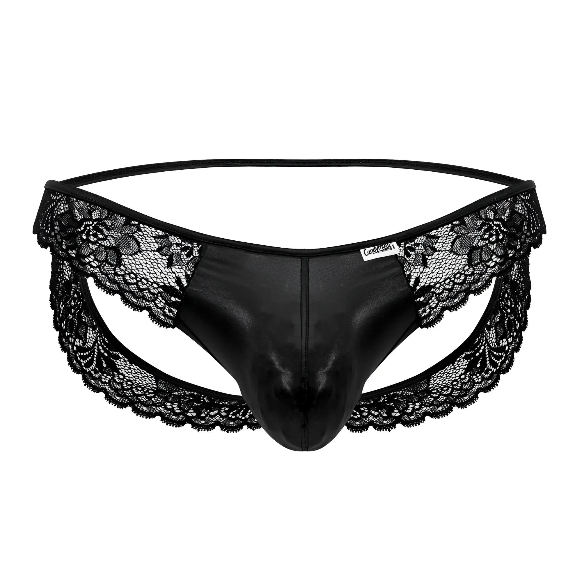 Black CandyMan 99721 lace jockstrap thong with lace trim and shiny faux leather front panel