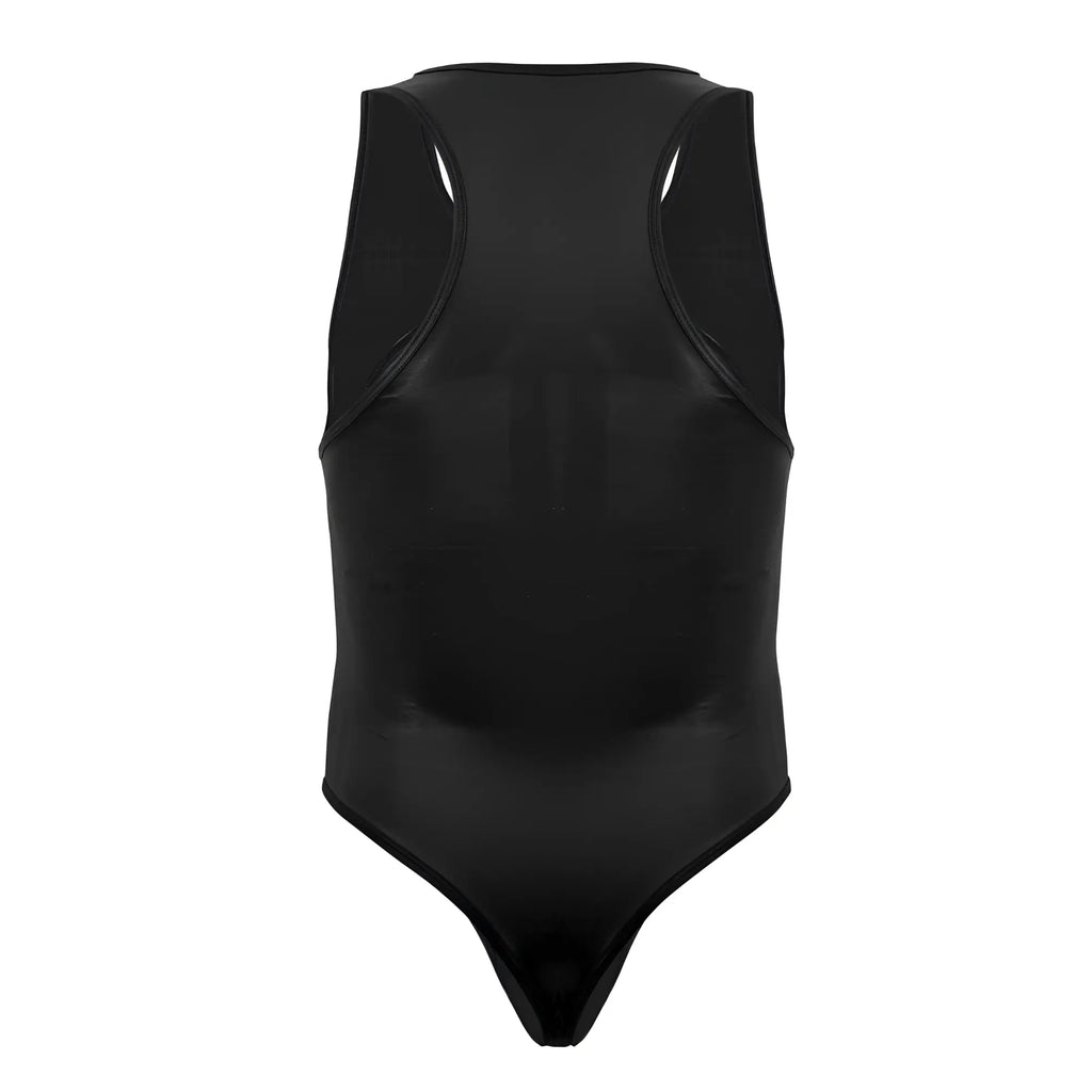 Black glossy latex one-piece swimsuit with racerback design shown from the back in candyman 99728x work-n-play bodysuit