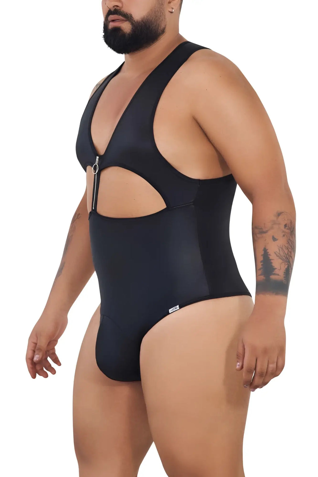Black candyman 99728x work-n-play bodysuit with a plunging neckline and side cut-outs in form-fitting one-piece swimsuit design