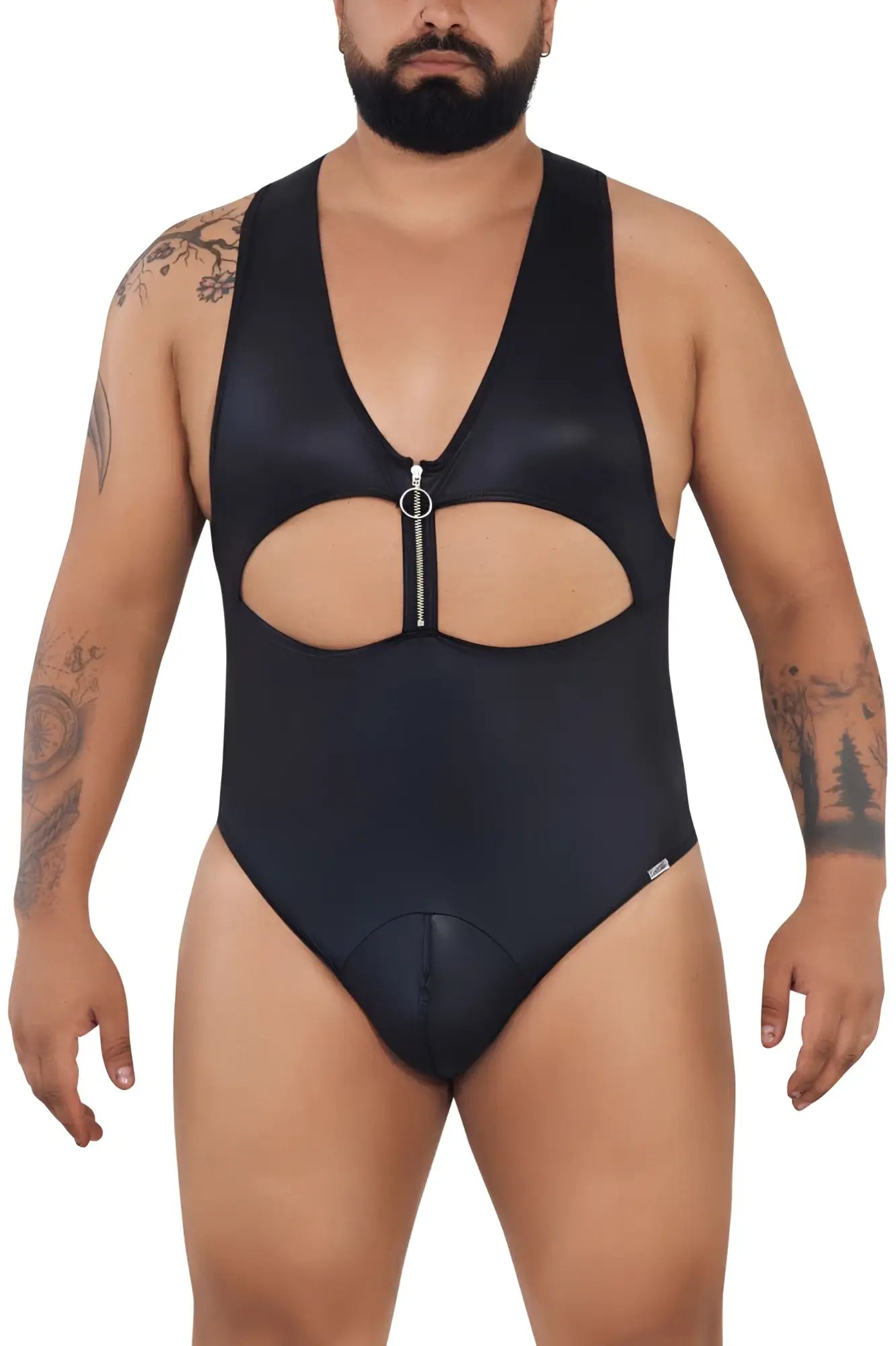 Black Candyman 99728X work-n-play bodysuit with plunging neckline cutout and silver zipper detail at center front