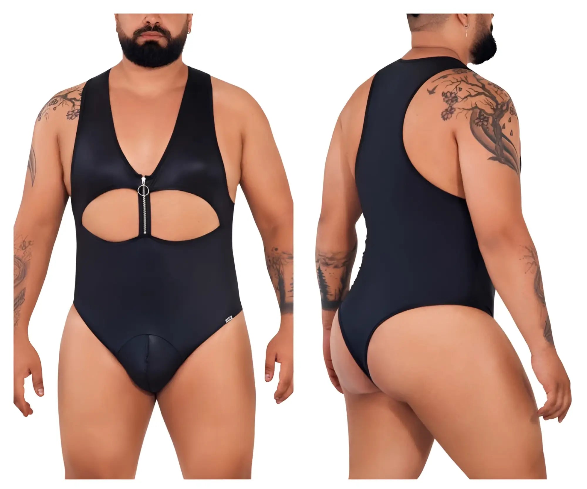 Black Candyman 99728X work-n-play bodysuit one-piece swimsuit with front zipper and cutout design