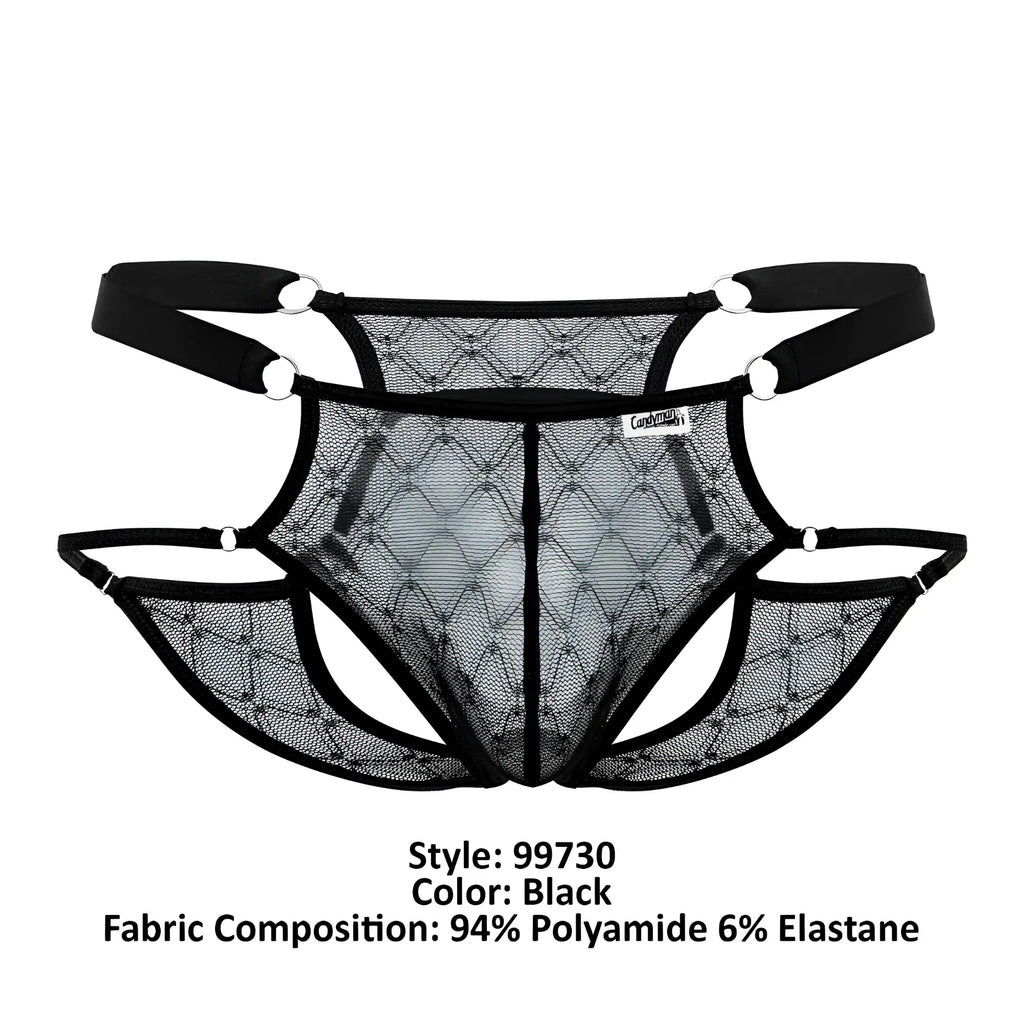 Black candyMan 99730 lace jockstrap featuring adjustable straps and diamond pattern mesh briefs material