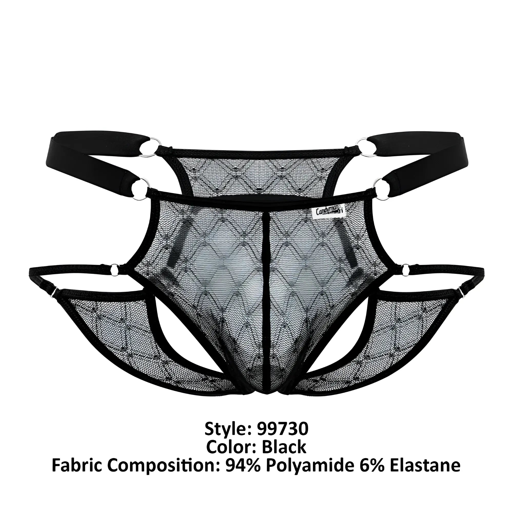 Black candyMan 99730 lace jockstrap featuring adjustable straps and diamond pattern mesh briefs material