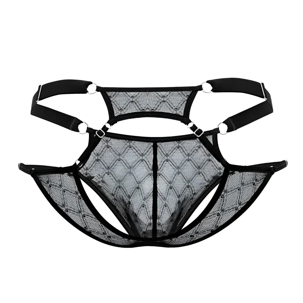 Candyman 99730 lace jockstrap in black mesh with diamond pattern and adjustable straps shown from the back side
