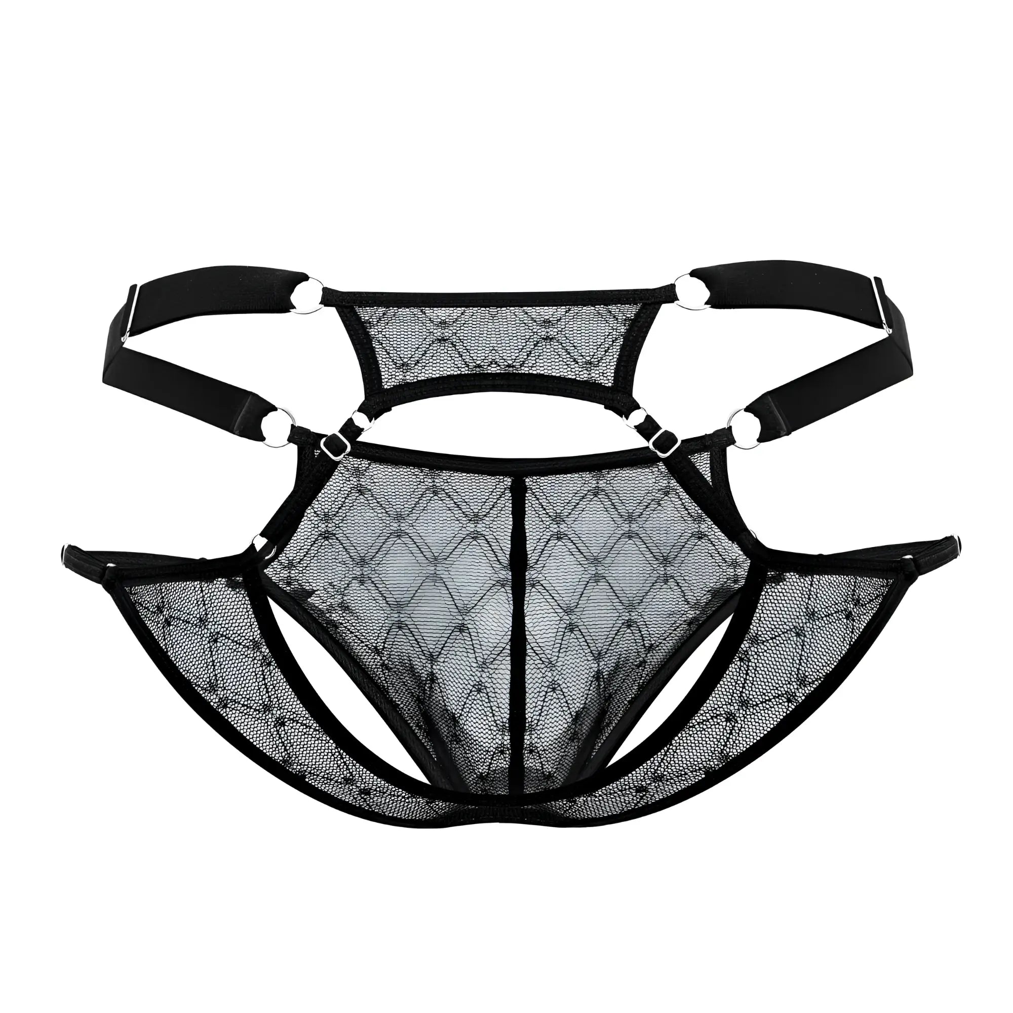 Candyman 99730 lace jockstrap in black mesh with diamond pattern and adjustable straps shown from the back side