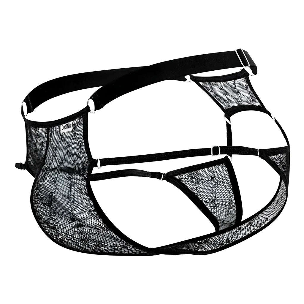 Black mesh lace jockstrap harness with adjustable straps and silver metal clasps candy man 99730 backside view