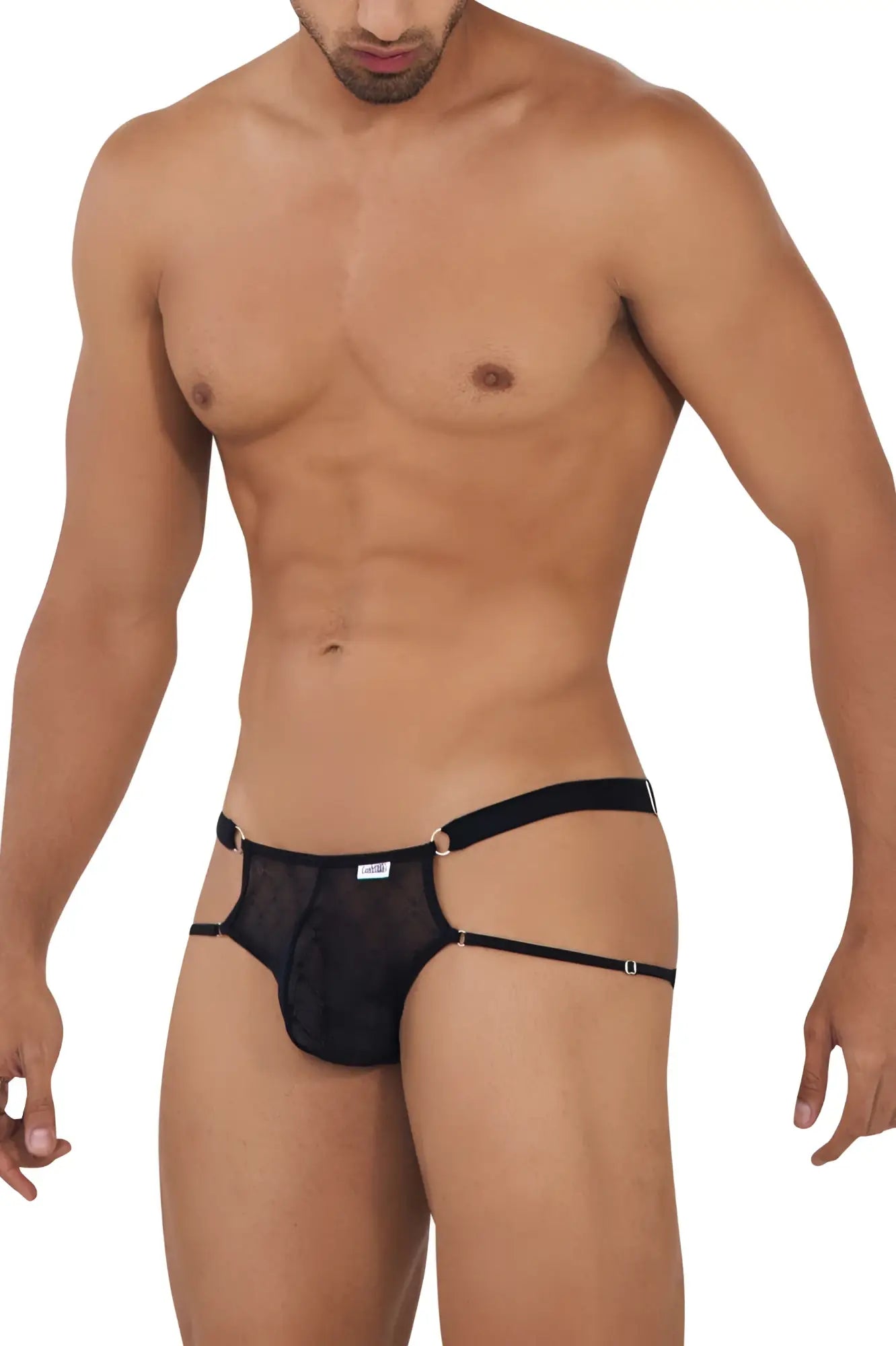 Black candyMan 99730 lace jockstrap with mesh fabric thin side straps and metallic grommets