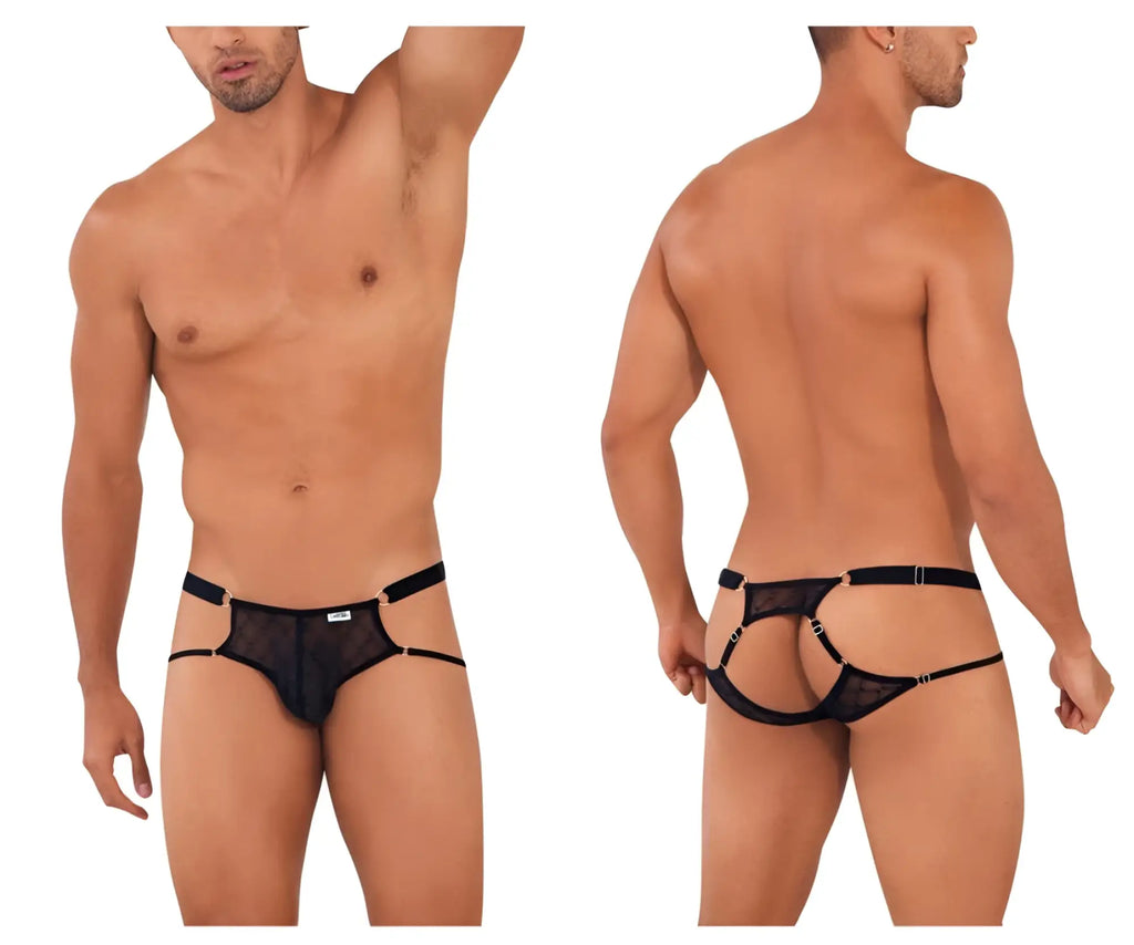 Black CandyMan 99730 lace jockstrap thong with mesh fabric adjustable straps and metallic hardware front view