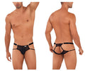 Black CandyMan 99730 lace jockstrap thong with mesh fabric adjustable straps and metallic hardware front view