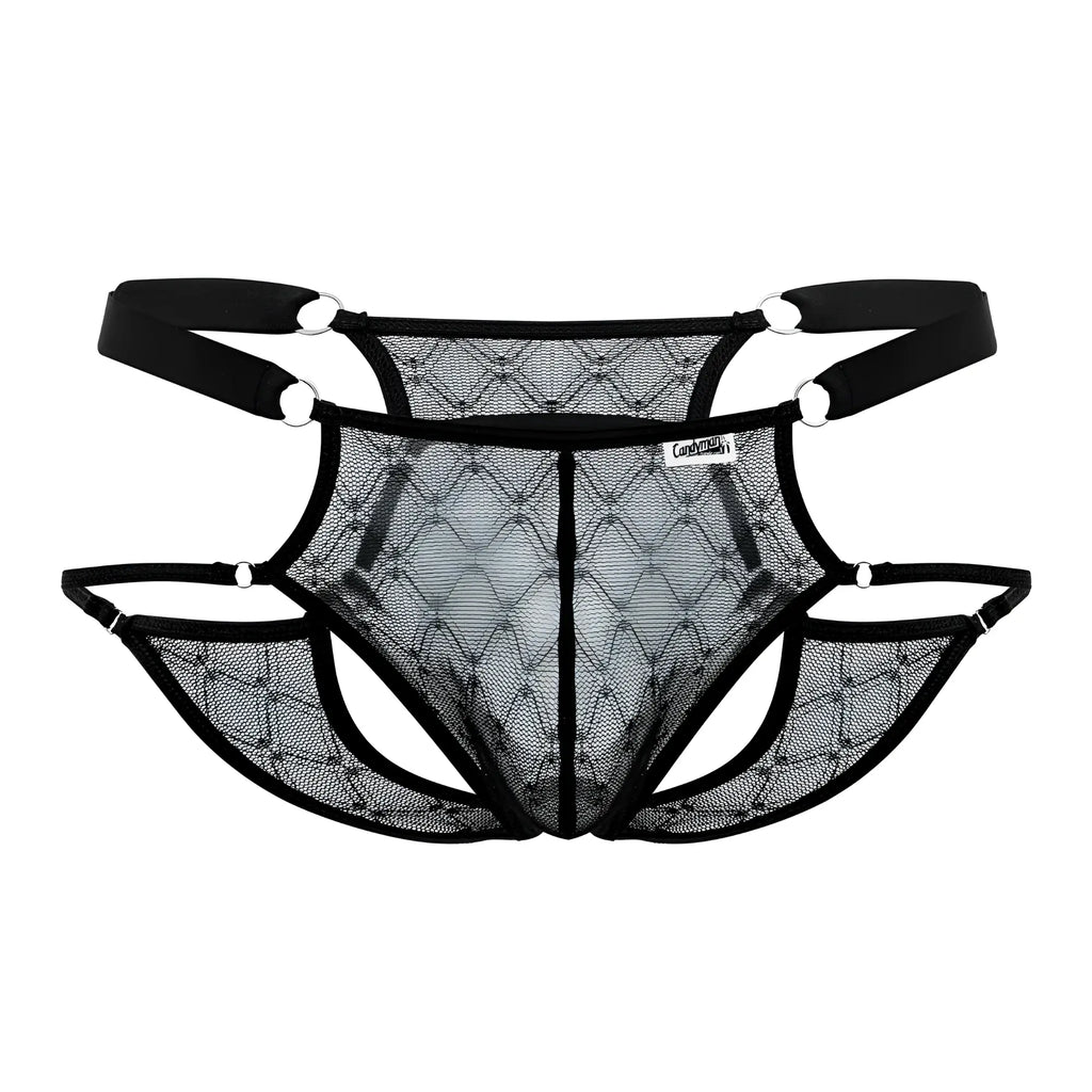 Black candyMan 99730 lace jockstrap featuring diamond-patterned mesh thong and adjustable straps