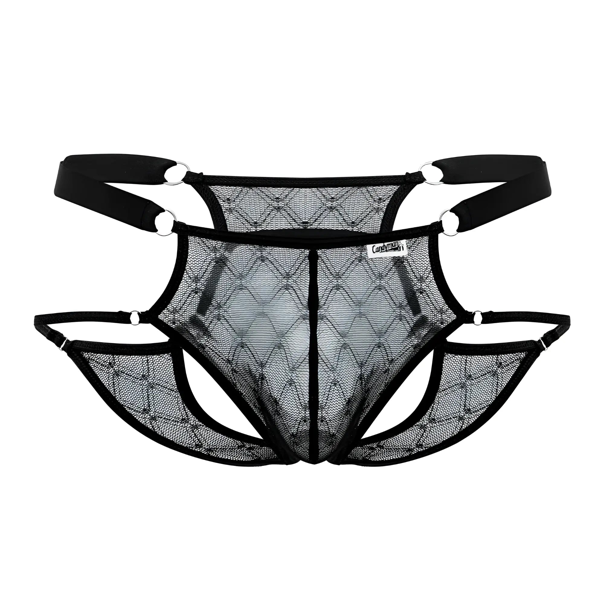 Black candyMan 99730 lace jockstrap featuring diamond-patterned mesh thong and adjustable straps