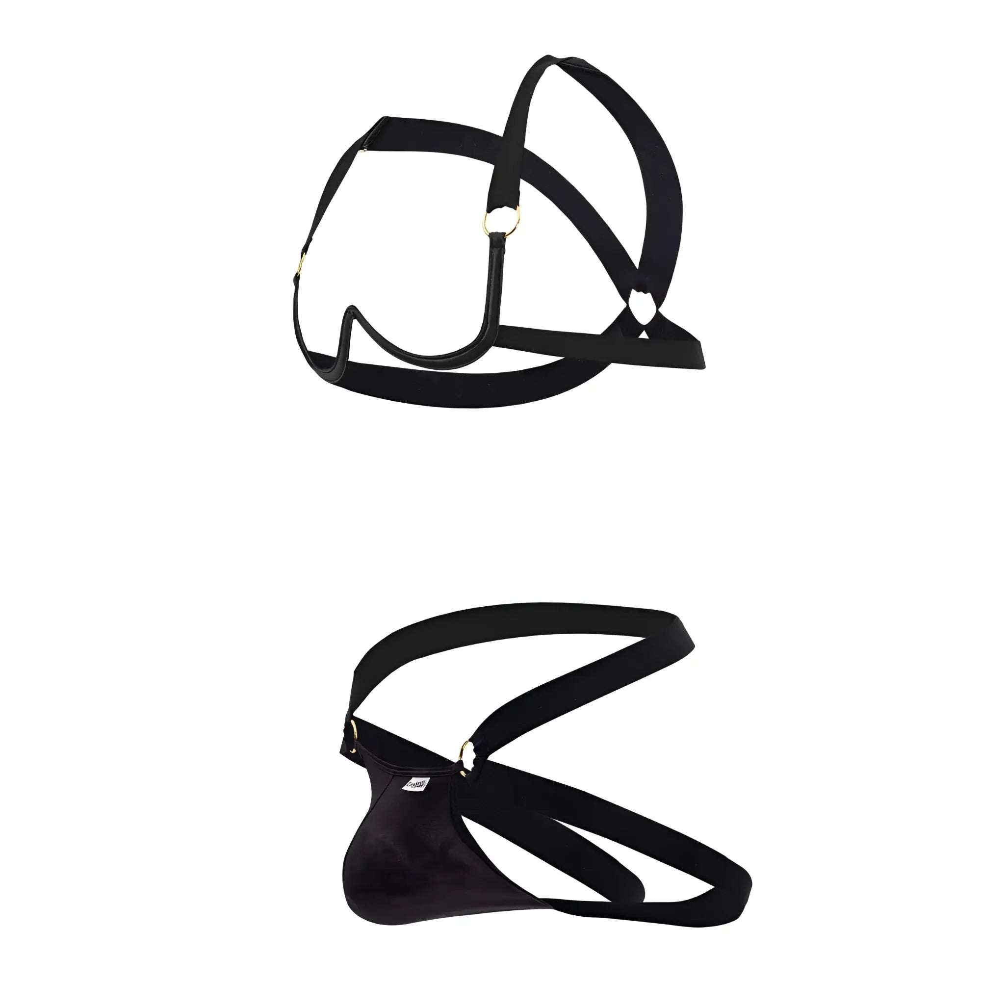 Black leather-like men’s briefs with adjustable straps and metallic hardware from candyman 99731 harness-bra set