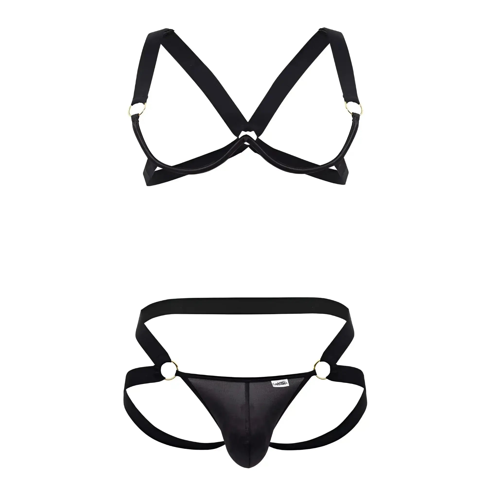 CandyMan 99731 harness-bra two piece set in black satin with metallic rings and central panel design for men
