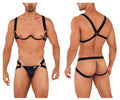 Black leather harness bra two piece set with gold tone metal clasps and adjustable straps by candyman