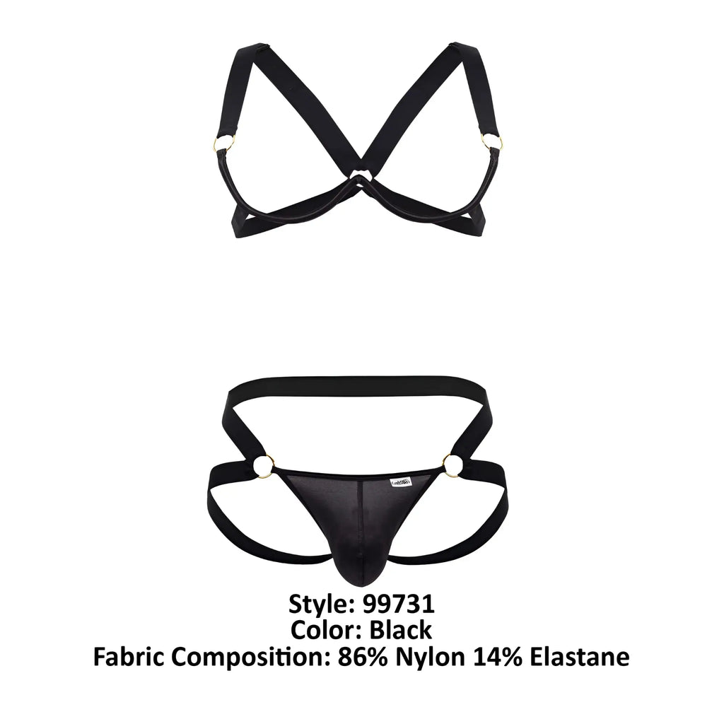 Black candyMan 99731 harness-bra two piece set nylon elastane briefs with supportive crisscross back straps shown from back