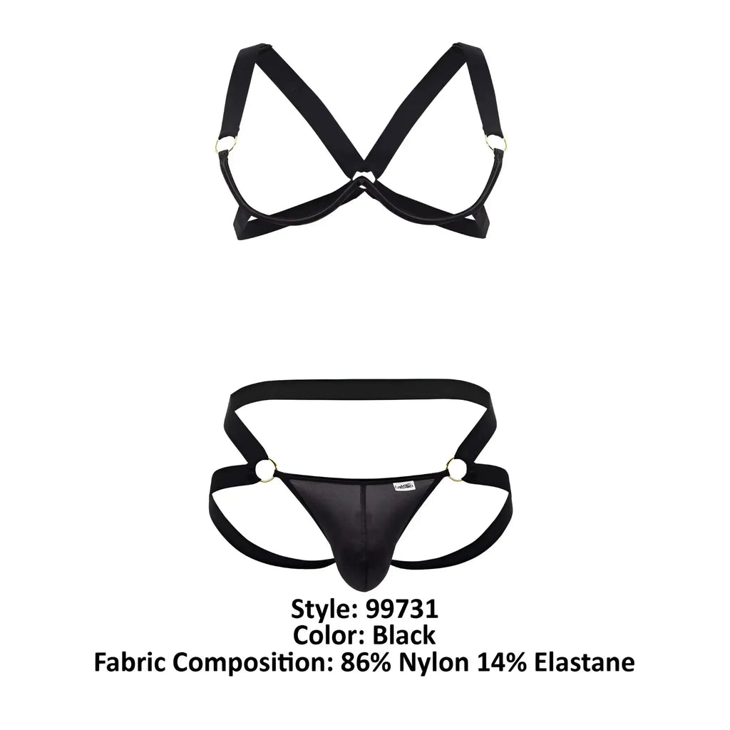 Black candyMan 99731 harness-bra two piece set nylon elastane briefs with supportive crisscross back straps shown from back