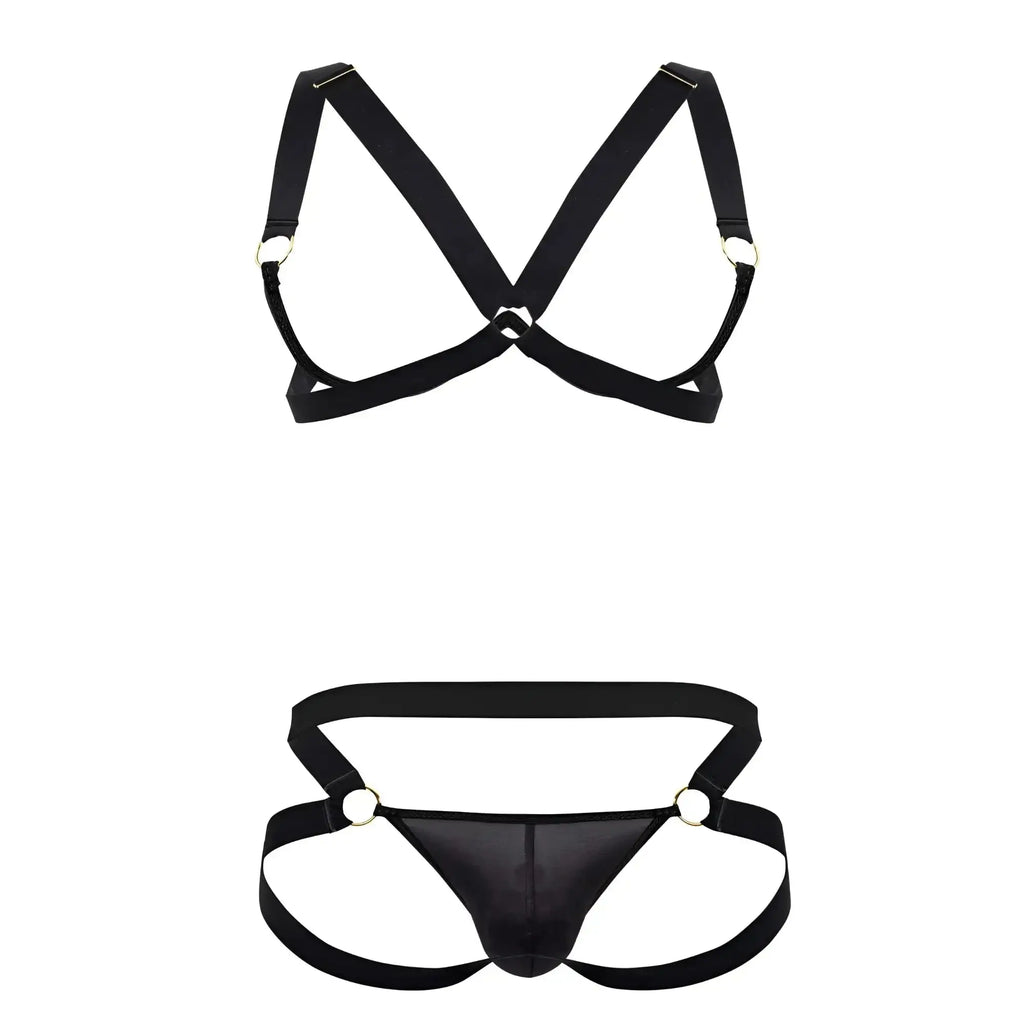 Black satin harness bra two piece set with metallic rings by candyman in black color front view
