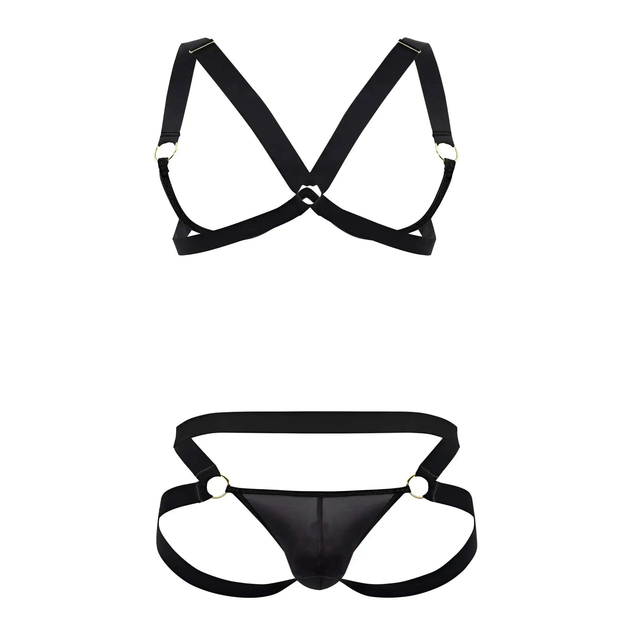 Black satin harness bra two piece set with metallic rings by candyman in black color front view
