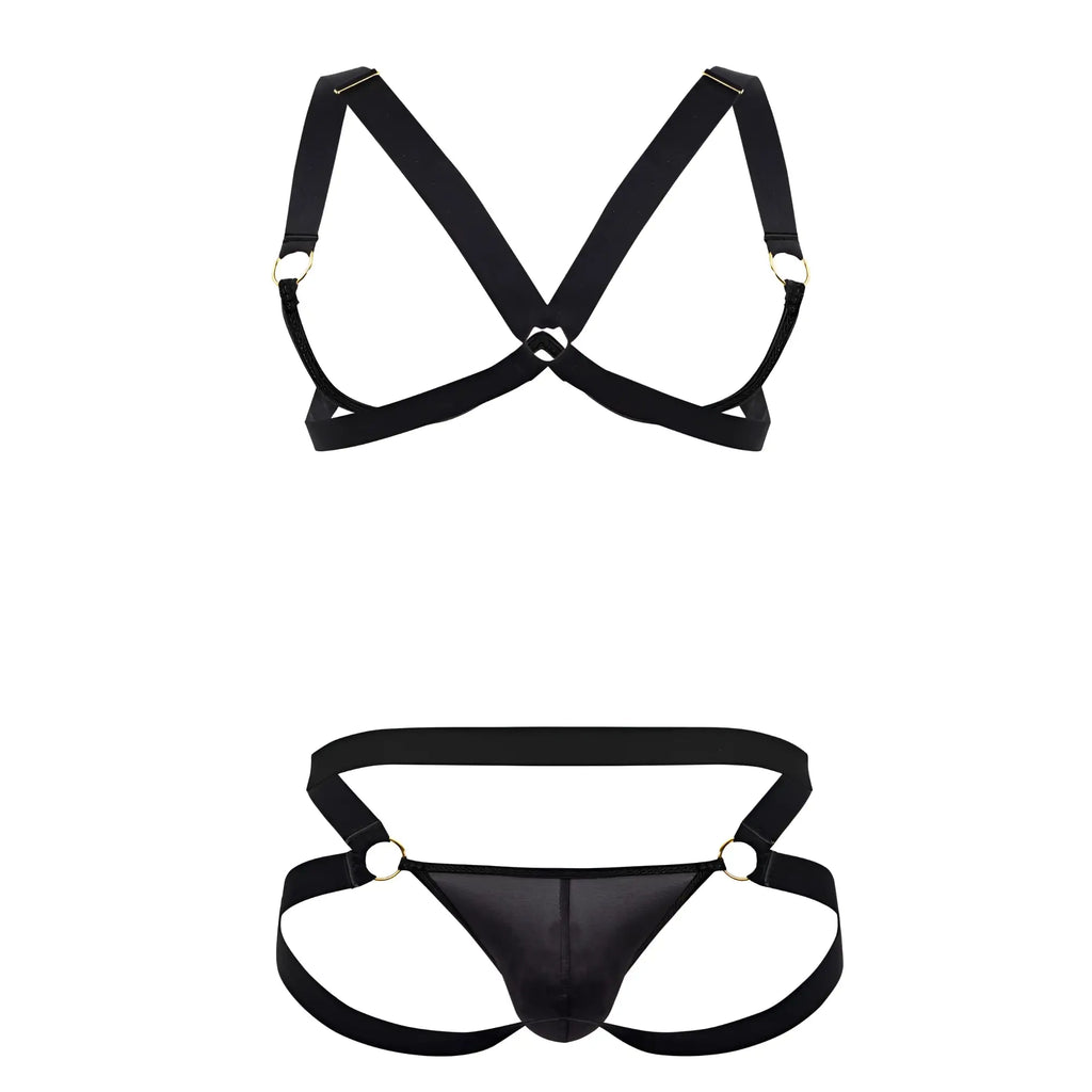 Black satin harness bra two piece set with metallic rings by candyman in black color front view