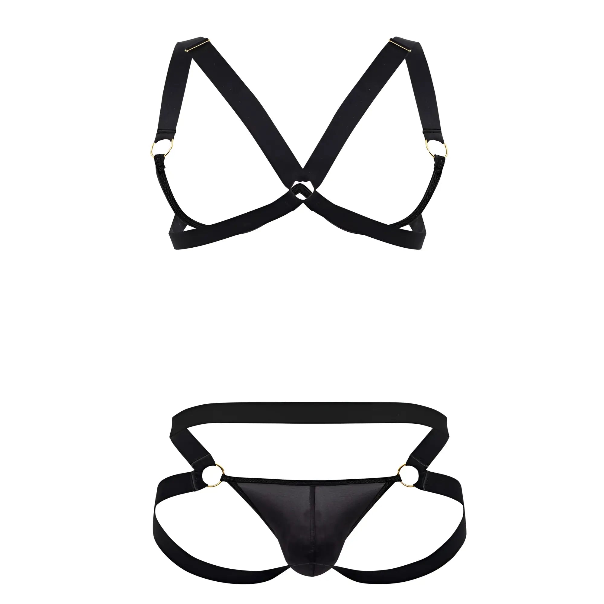Black satin harness bra two piece set with metallic rings by candyman in black color front view