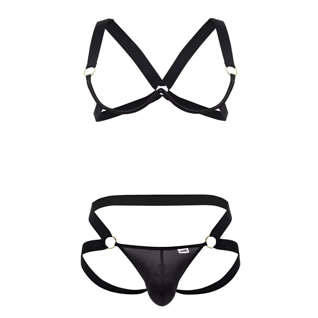 CandyMan 99731 harness-bra two piece set in black satin with metallic rings and central panel design for men