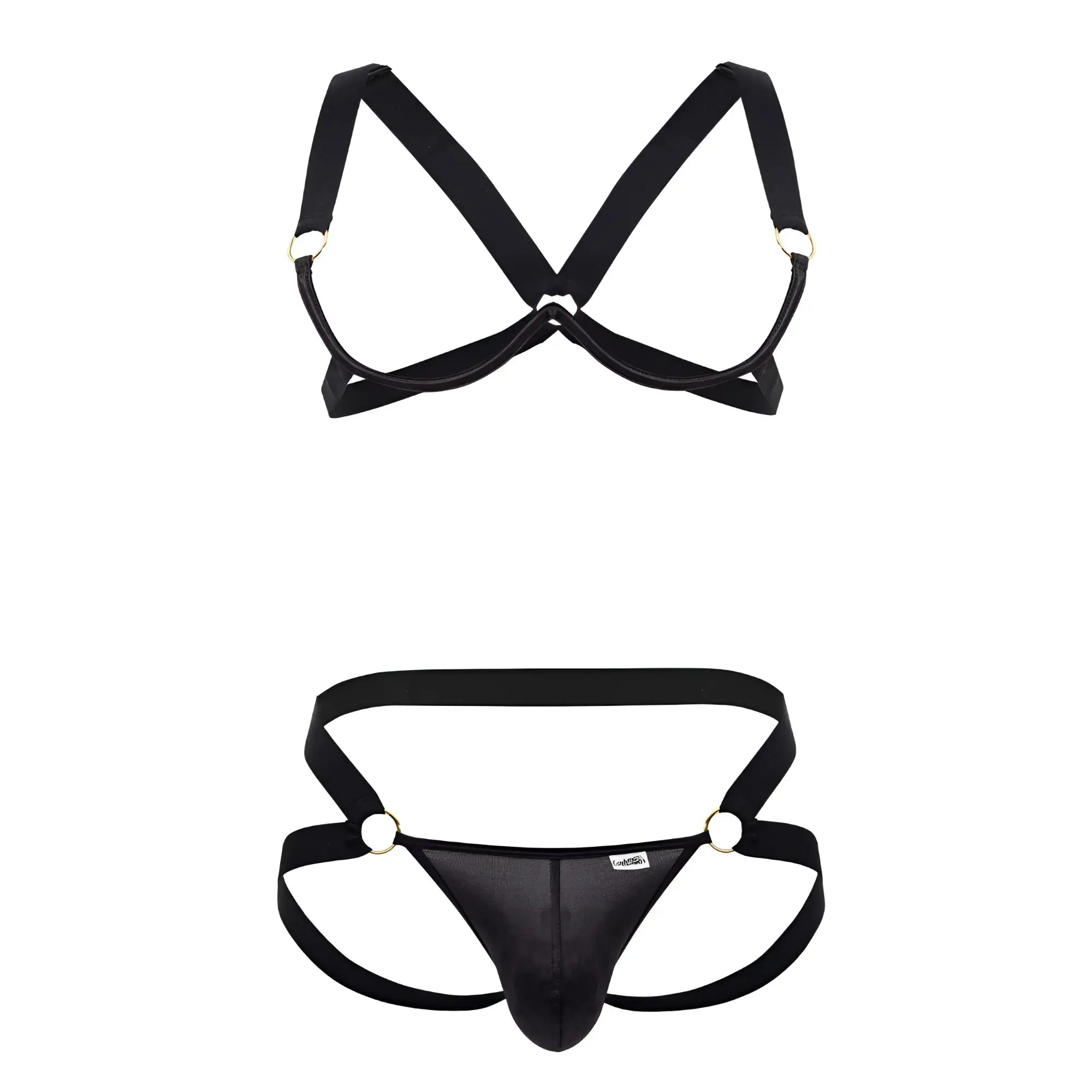 CandyMan 99731 harness-bra two piece set in black satin with metallic rings and central panel design for men