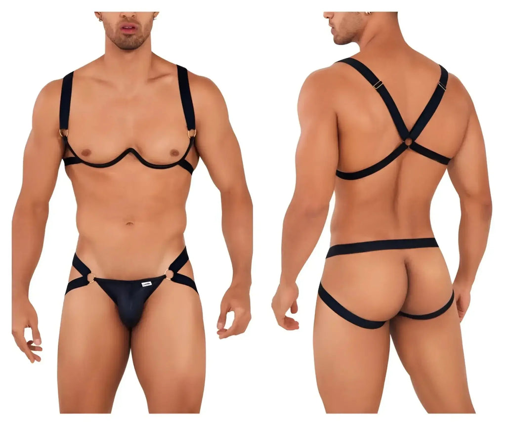 Black leather harness bra two piece set with gold tone metal clasps and adjustable straps by candyman