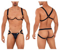 Black leather harness bra two piece set with gold tone metal clasps and adjustable straps by candyman