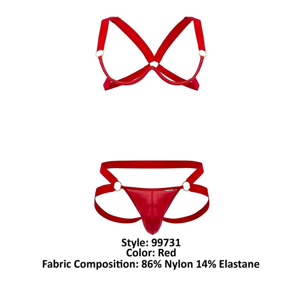 Candyman 99731 harness-bra two piece set in red nylon and elastane with shiny form-fitting lingerie design