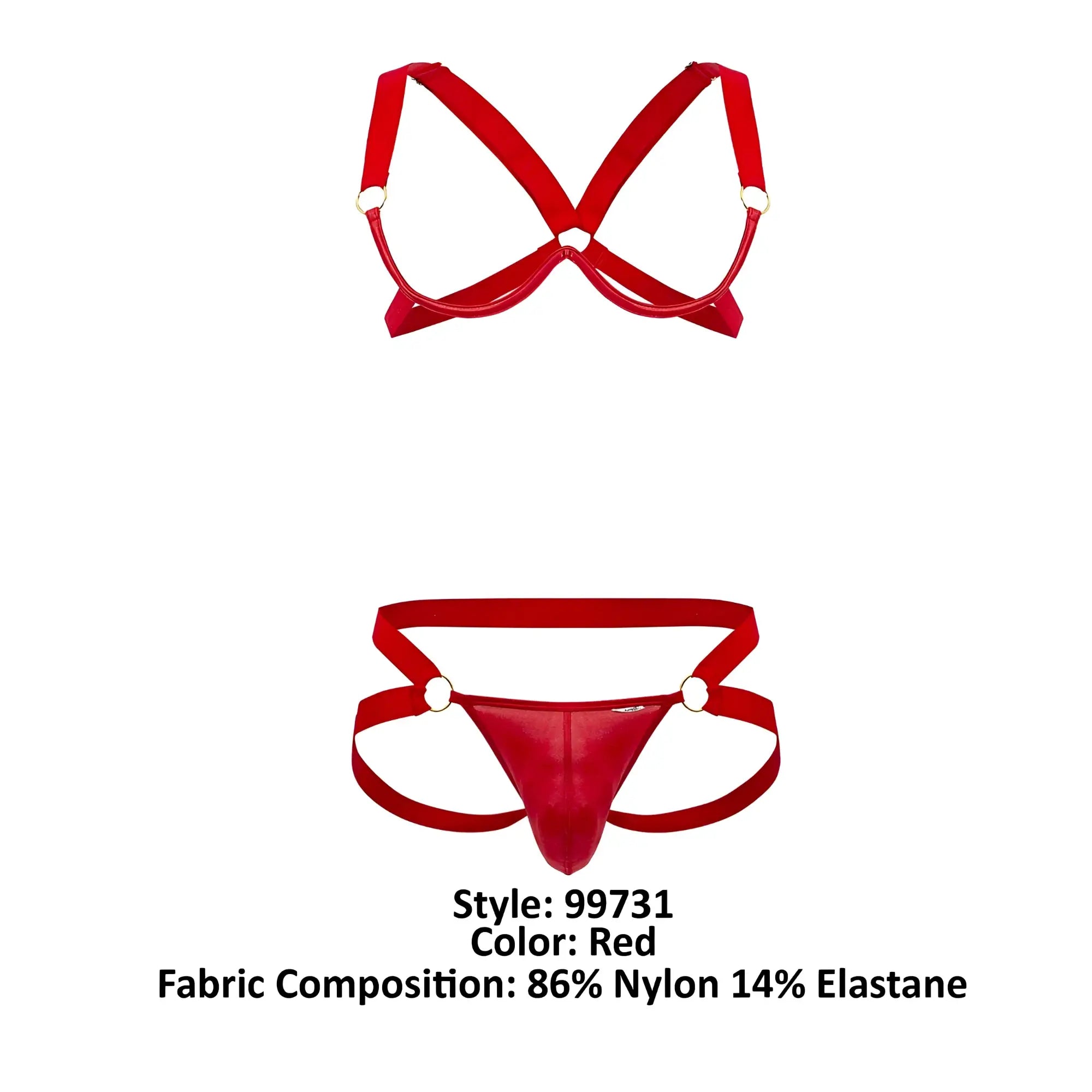 Candyman 99731 harness-bra two piece set in red nylon and elastane with shiny form-fitting lingerie design