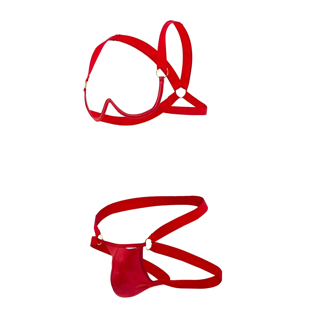 Red patent leather men’s jockstrap with gold-tone hardware from candyman 99731 harness-bra two piece set in red