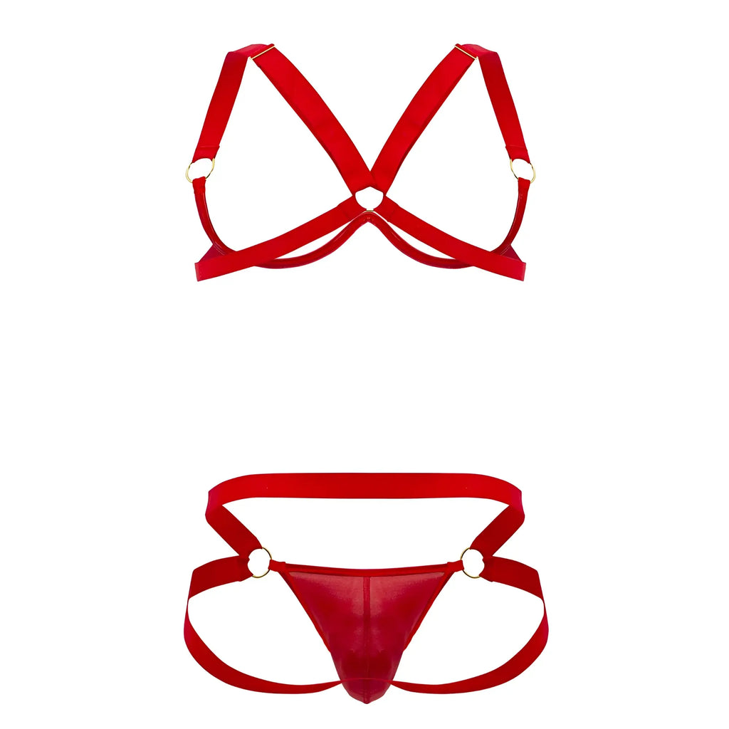 Red satin harness-style bra and panty set with gold-toned metal rings from candyman 99731 in red