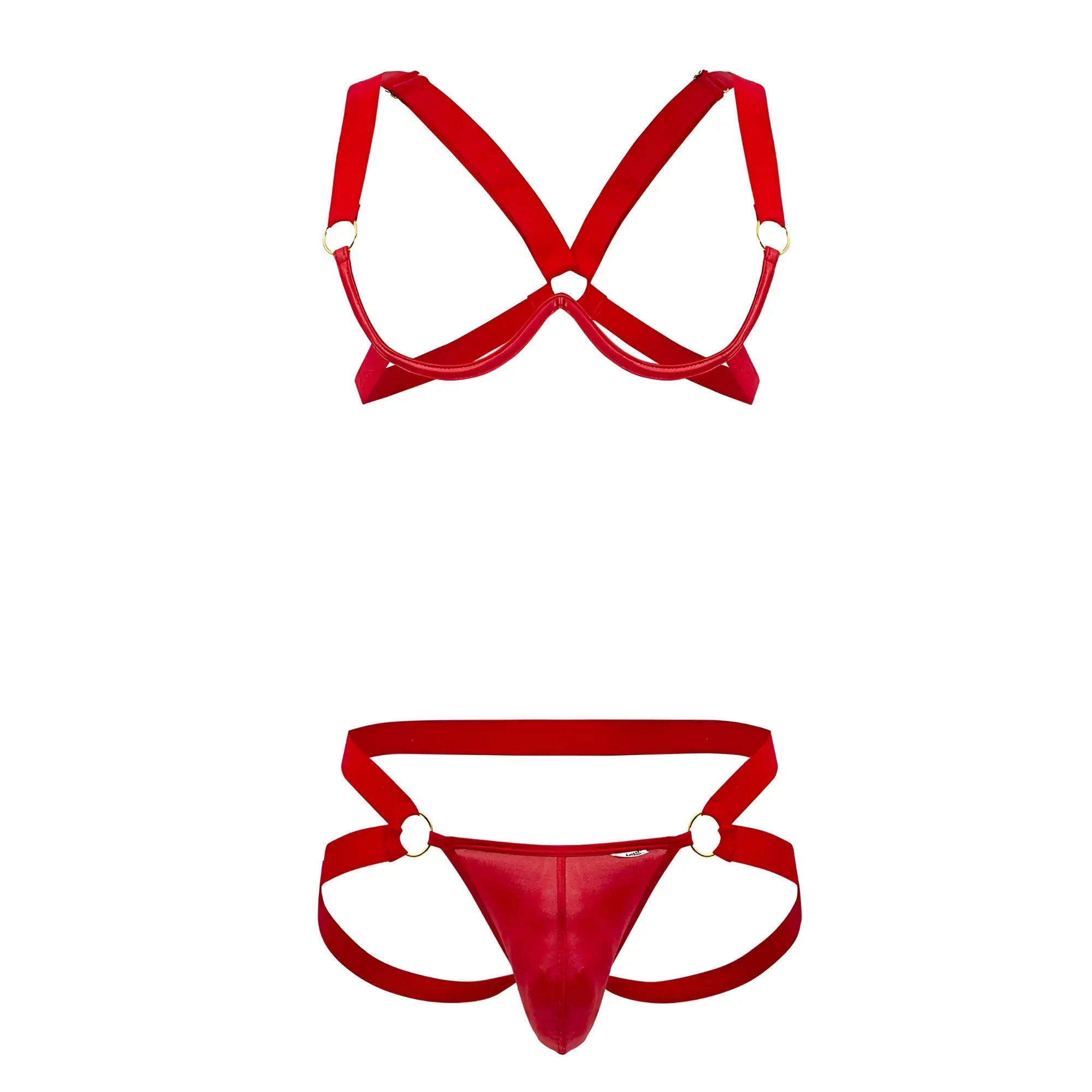 Red shiny latex harness-bra two piece set with metallic rings by candyman in red for bold lingerie looks