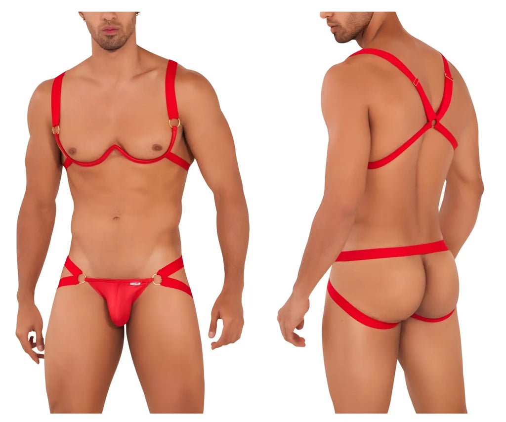 Red candyMan 99731 harness-bra two piece set with adjustable straps and gold-tone hardware in harness-style lingerie