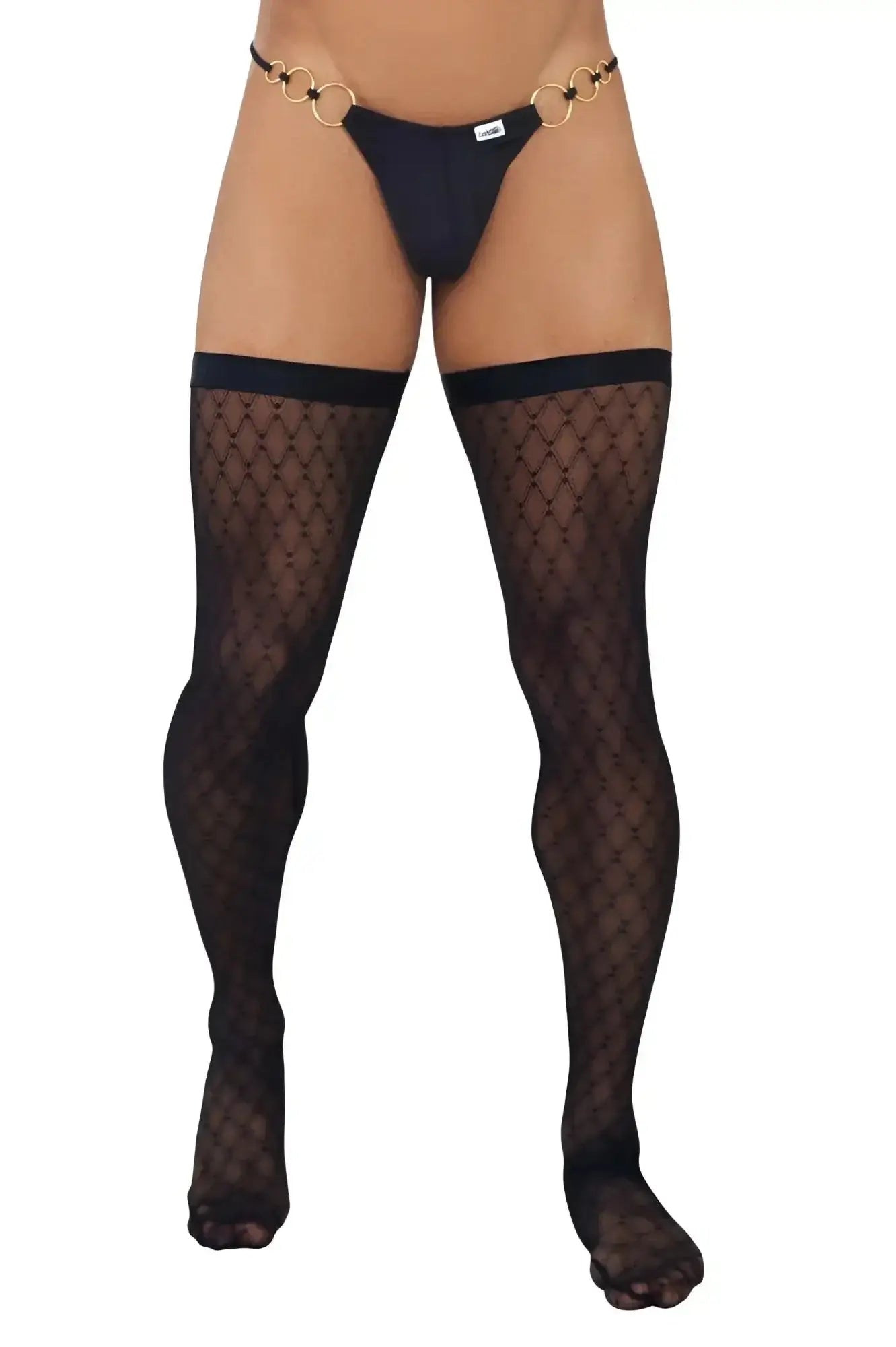 Black CandyMan 99735 mesh thigh highs with fishnet material and gold chain belt detail