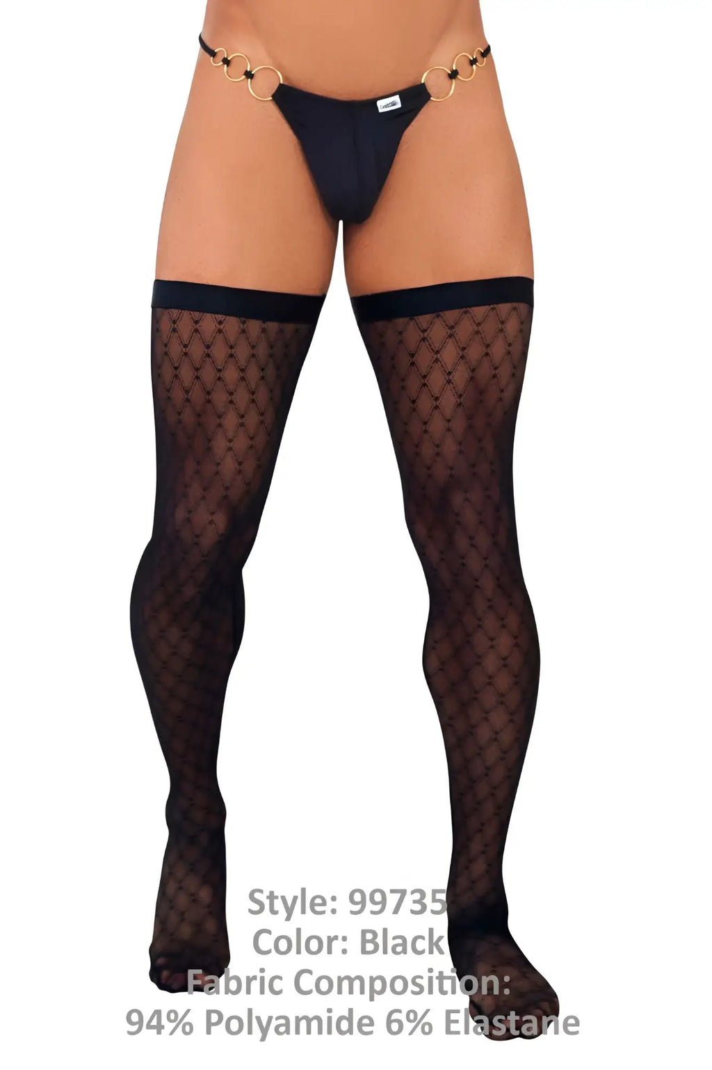Black candyMan 99735 mesh thigh highs featuring fishnet material and a gold toned chain belt accessory