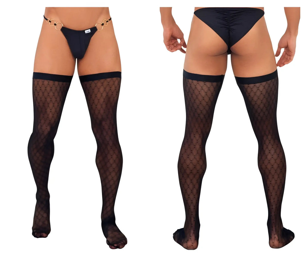 Black fishnet mesh thigh high stockings with gold toned ring belt candy man 99735 for stylish wear