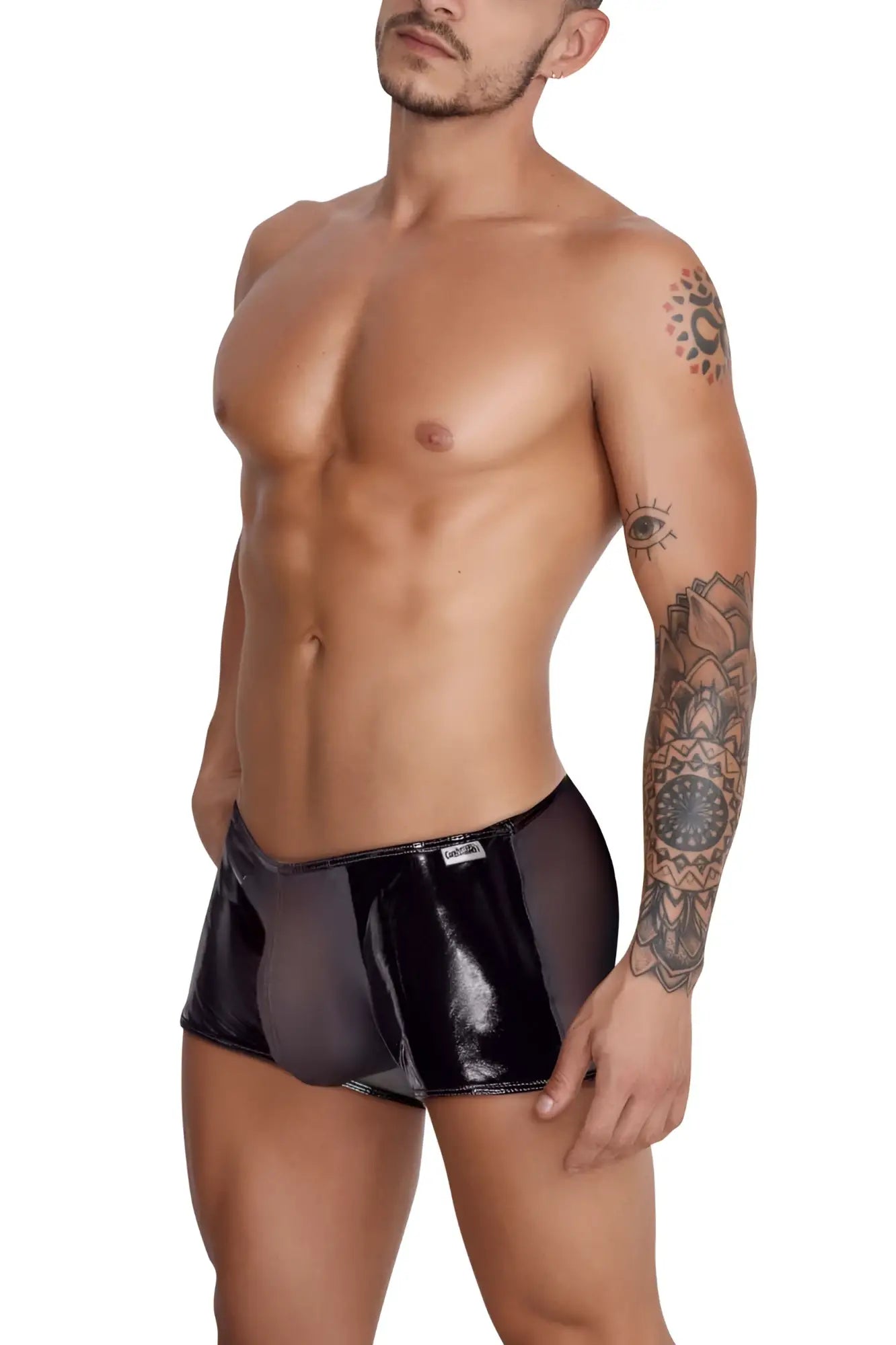 Black patent leather briefs candyMan 99737 mesh trunks with glossy finish and subtle side seam detail