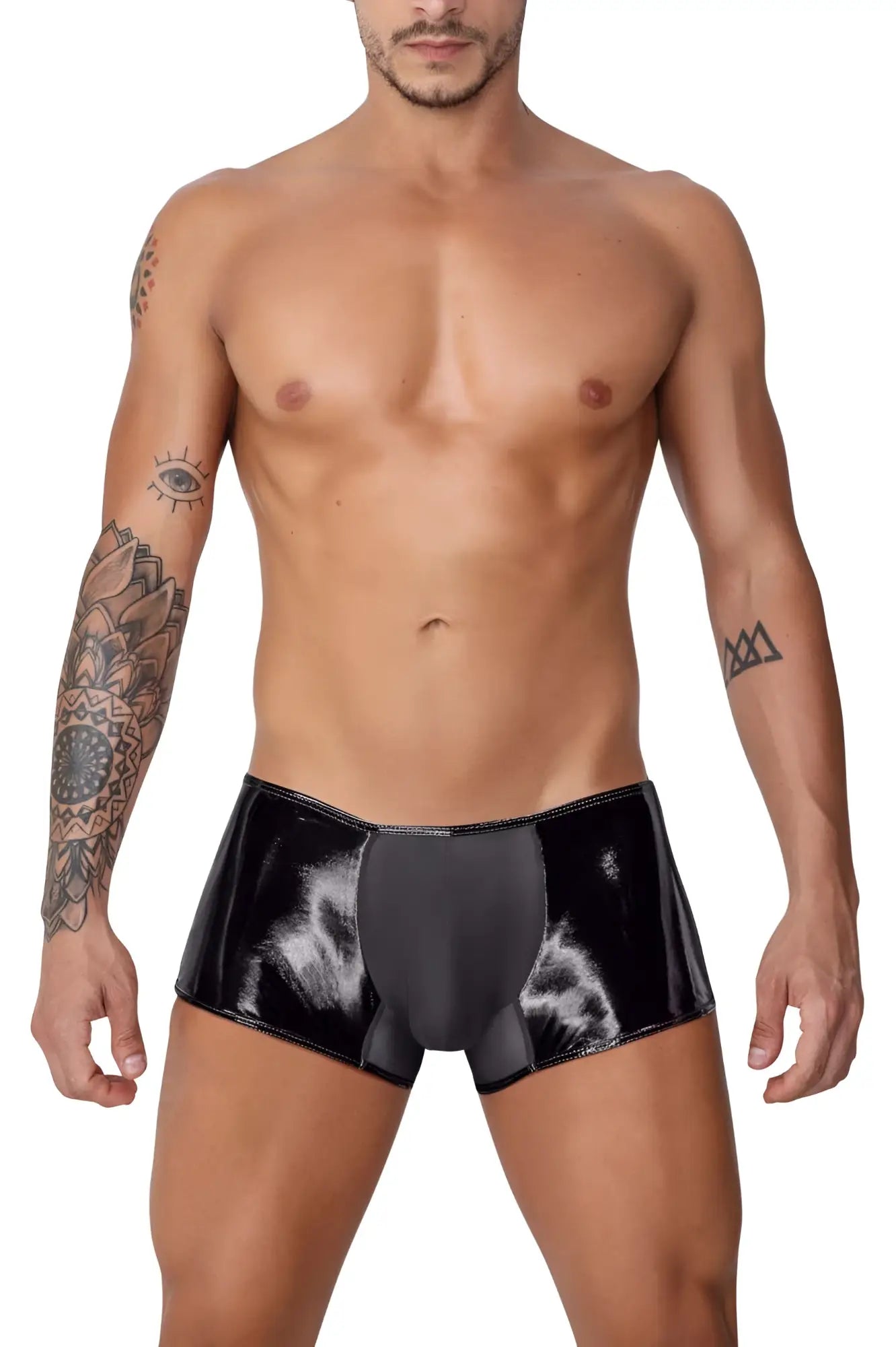 Black patent leather briefs candy man 99737 mesh trunks with glossy finish and subtle white abstract pattern