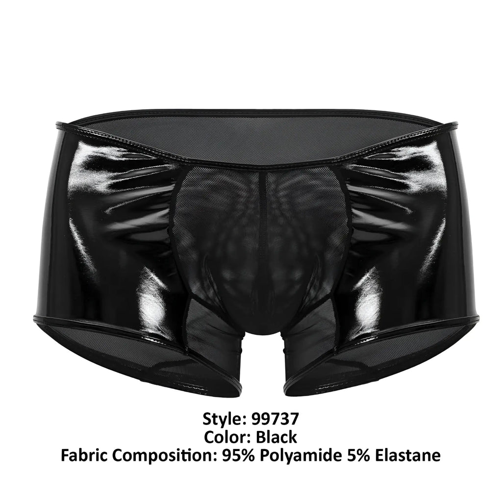 CandyMan 99737 mesh trunks in black feature black patent leather briefs with front and side mesh panels