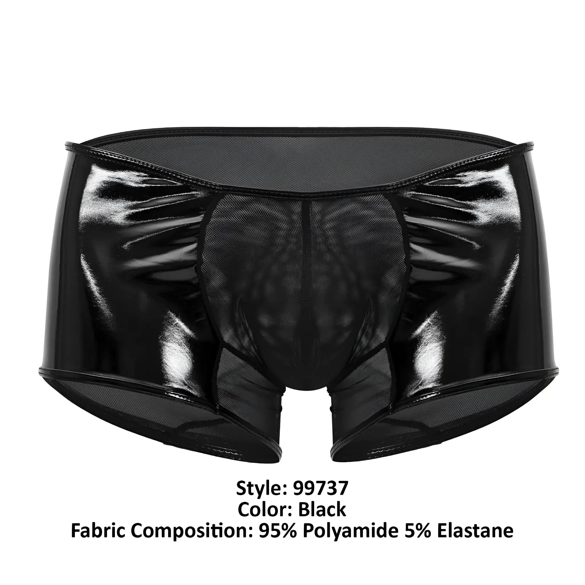 CandyMan 99737 mesh trunks in black feature black patent leather briefs with front and side mesh panels