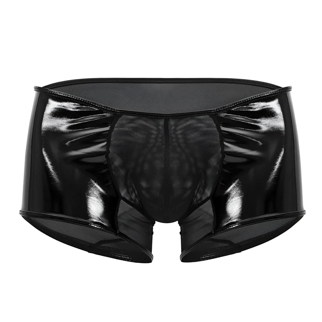 Black patent leather briefs with mesh panels and a glossy finish candy man 99737 mesh trunks color black