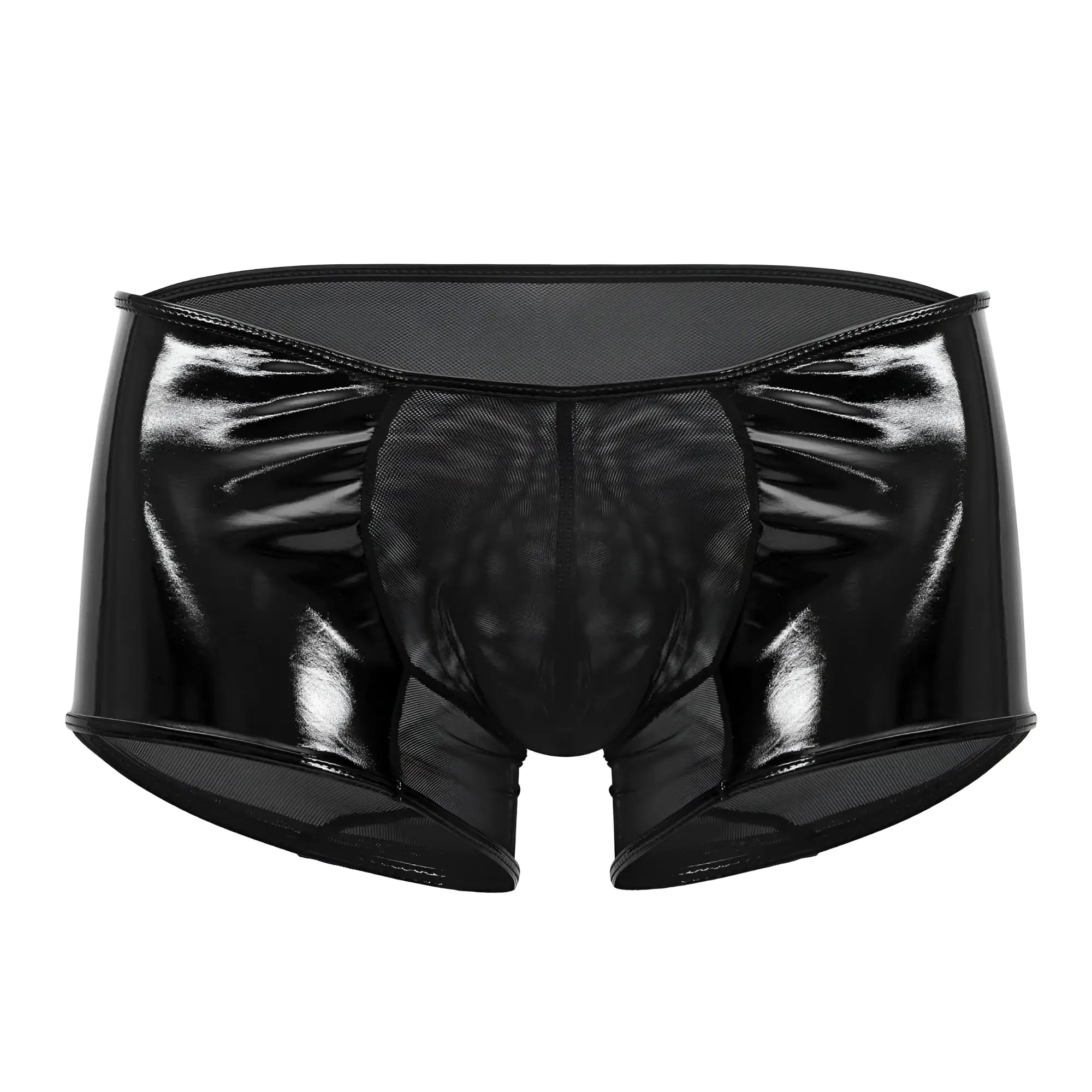 Black patent leather briefs with mesh panels and a glossy finish candy man 99737 mesh trunks color black