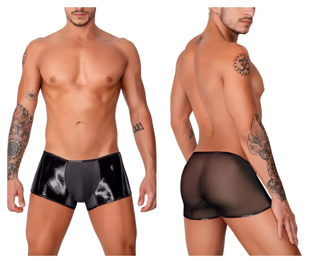Black candyman 99737 mesh trunks with patent leather and sheer mesh briefs featuring a glossy reflective finish