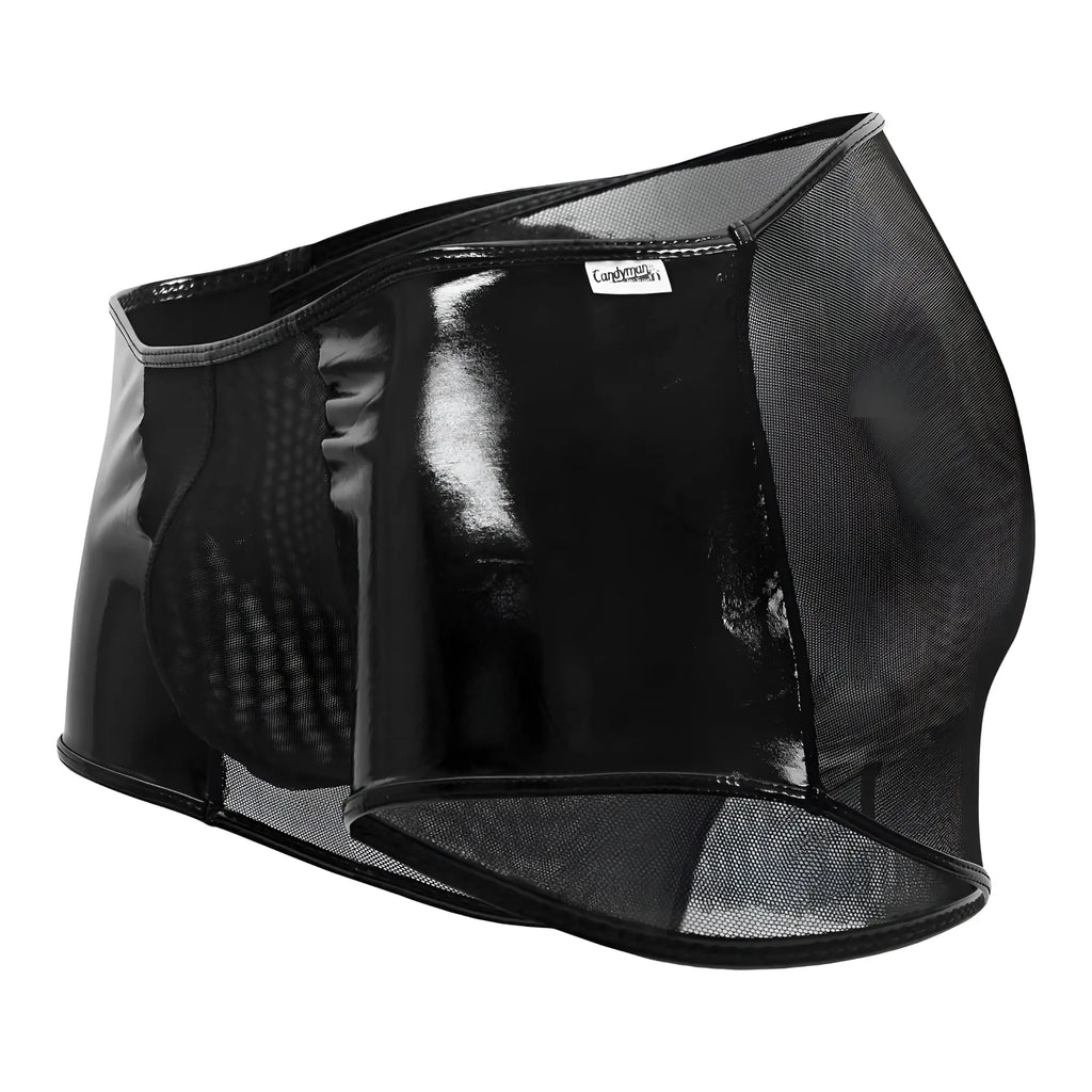 Black patent leather shorts candyMan 99737 with mesh panels and sleek glossy finish in color black