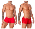 Red glossy latex candyMan 99737 mesh swim trunks with snug fit and high-cut leg design for swimming