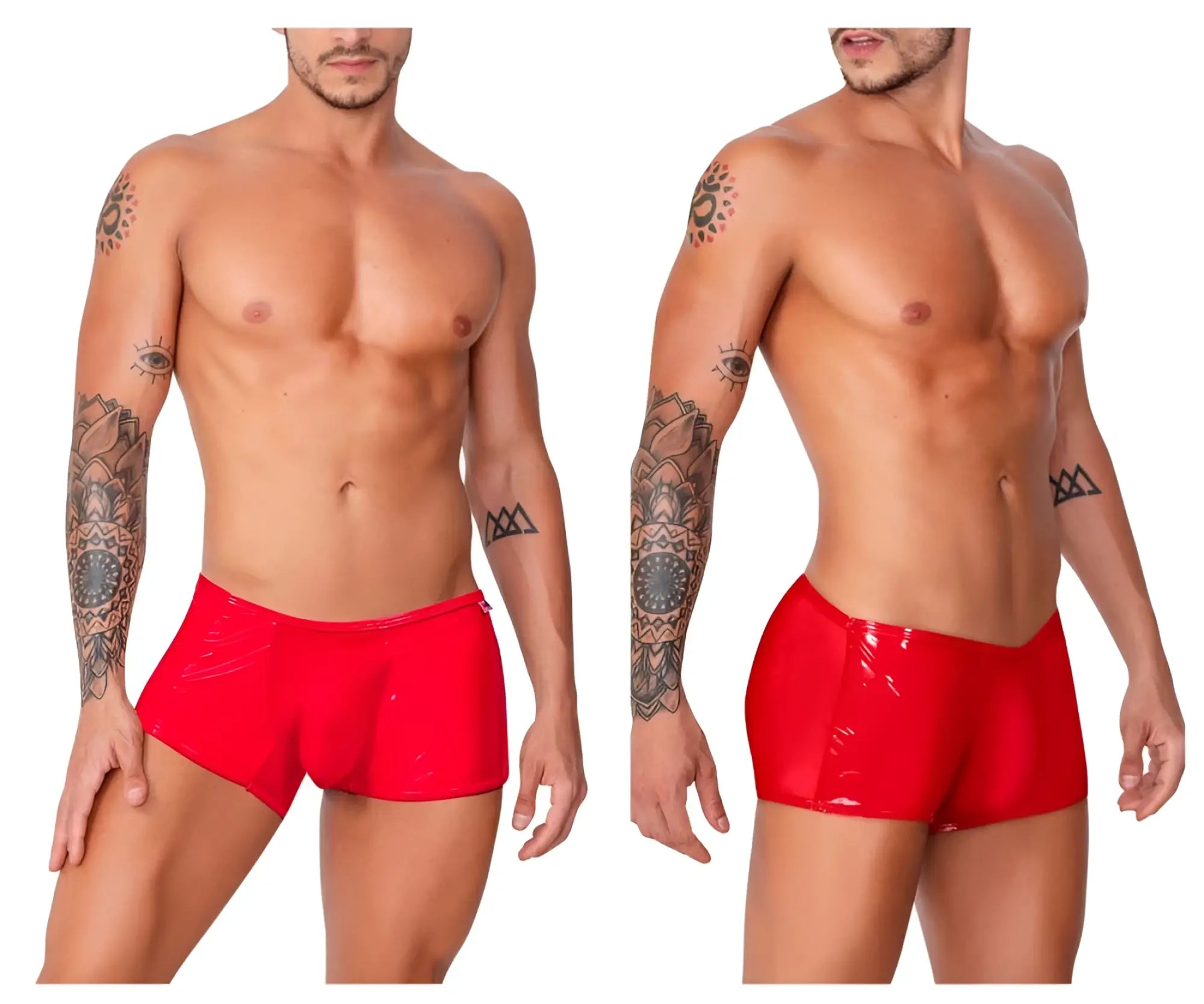 Red glossy latex candyMan 99737 mesh swim trunks with snug fit and high-cut leg design for swimming