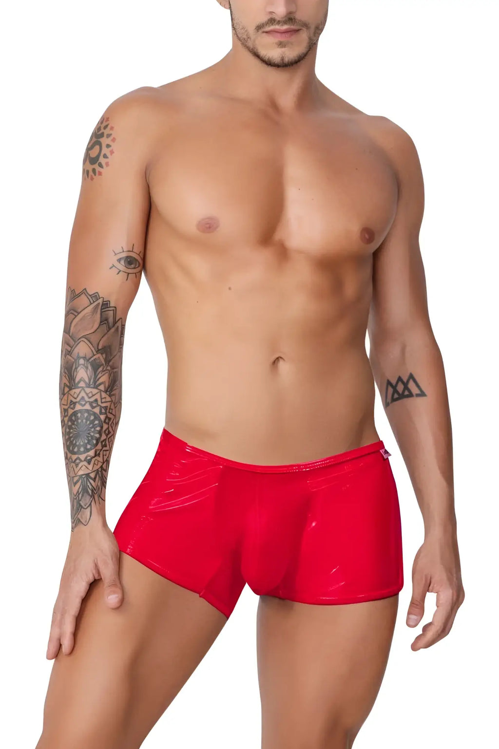 Red glossy patent leather briefs from candyman 99737 mesh trunks collection in vibrant red color